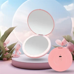 Mini LED Luminous Makeup Mirror Round Portable Foldable Small Compact Mirror with Light USB Handheld Makeup Lighted Mirror