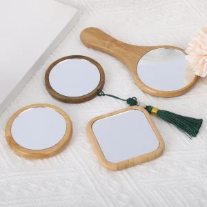 Mini Portable Modern Design Bamboo Makeup Mirror Pocket Cosmetic Usage with Wooden Frame round Glass Vanity Mirror