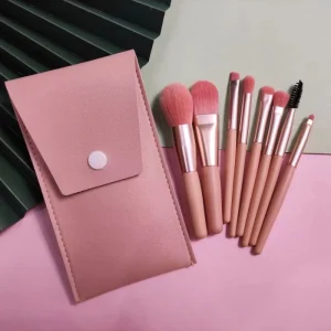 Mini Travel Makeup Brush Set Eyebrow Pencil Super Soft Nylon Bristles Plastic Handle 8 Piece Custom Logo Pu Bag