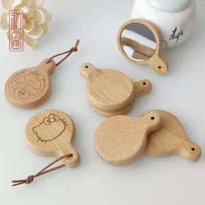 Modern Design Retro Makeup Mirror Solid Wood Portable HD Handy Touch up Vanity Mirror with Special Handle for Beauty Salon Use