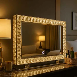 Modern European Glass Tabletop Makeup Mirror with LED Three color Changing Light Personalized Dressing Table Mirror