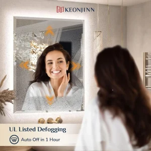Modern Frameless LED Salon Bathroom Mirror with Angled High Definition Tempered Glass Anti Fog & Adjustable Brightness