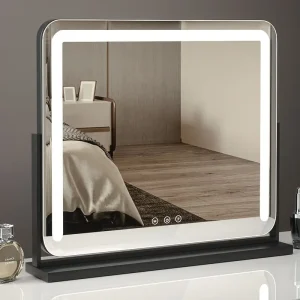 Modern Glass Vanity Mirror Black Makeup Mirror LED Light Dimmable Smart Control Adjustable 360 Rotation Personalized Makeup