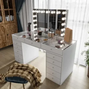 Modern Home Furniture Single Sided Lighted Desktop Vanity Makeup Mirror with 13 Drawers Cosmetic Vanity Dresser Table