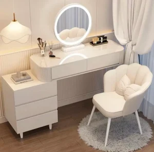 Modern Hotel Bedroom Furniture Storage Smart Bluetooth Wireless Charging Makeup Dresser Vanity LED Lighted Dimmable Mirror