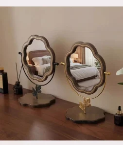 Modern Luxury Wooden Frame Vanity Mirror Adjustable Gold Stand Tabletop Makeup Mirror Portable for Bedroom Dressing Table Decor