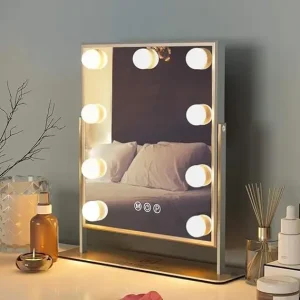 Modern Metal Frame Rectangular Vanity Makeup Mirror Lighted Smart Touch Control 3 Color Dimmable 10X Magnification