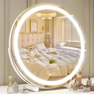 Modern Round Aluminum 18 Inch Lighted Smart Touch Control Makeup Mirror Vanity Tabletop Gift for Women Wife Mom Girls