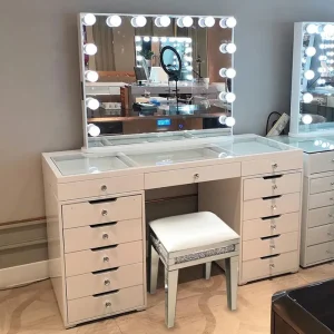 Modern White Stainless Steel Lighted Mirror Dressing Table with Chest Drawers Storage for Wedding Dress Shop Hotel Bedroom