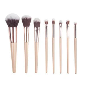 Ms.miau High End Private Label 8 Piece Beige Wooden Handle Professional Makeup Brush Set Synthetic Hair for Face & Concealer Use