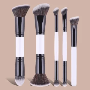 Multi-Functional 5pcs Single Double-Ended Round Wood Handle Angular Blush Synthetic Hair Makeup Brush for Face Eyes Contour