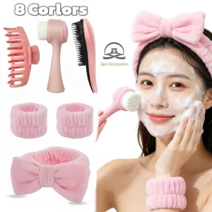 Multi functional 6 in 1 Spa Kit Dual Side Facial Brush Plush Headband Wristbands Hair Claw and Detangling Comb Beauty Tools