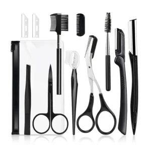 Multipurpose Stainless Steel Tweezers Set Black Eyebrow Trimmer Knife Scissors Lash Brush Face Razors Makeup Tools Kit