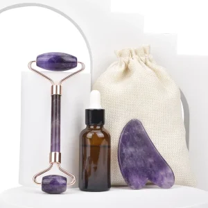 Natural Amethyst Facial Massager Set Jade Roller Gua Sha Gentle Non-Irritating for Face Crystal Healing Relaxation Home