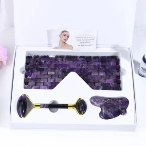 Natural Amethyst Stone Jade Face Roller and Gua Sha Set Purple Crystal Jade Roller Guasha and Eye Mask Massage Tool