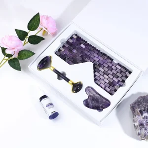 Natural Amethyst Stone Jade Face Roller and Gua Sha Set Purple Crystal Jade Roller Guasha and Eye Mask Massage Tool