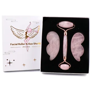 Natural Anti Aging Massage Rose Quartz Jade Roller and Facial Massage Gua Sha Set for Face Tighten Eye and Face Massage Tools
