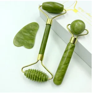 Natural Black Obsidian Green White Jade Roller Gua Sha Set Face Massage Jade Roller