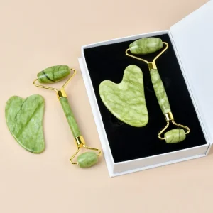 Natural Green Jade Stone Facial Roller Guasha Massage Kit Portable Anti Aging Face Roller and Gua Sha Skin Care Beauty Tool Set