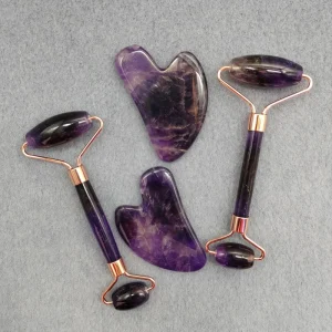 Natural Jade Amethyst jade roller Double Tailed Rolling Crystal Facial Massage Stick Heart Shaped Scraping jade roller Set
