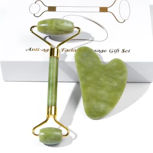 Natural Jade Green Phoenix Massage Roller Set Facial Meridian Massager Ox Horn Gua Sha Board Xiuyu Jade Face Rolling Tool Gift