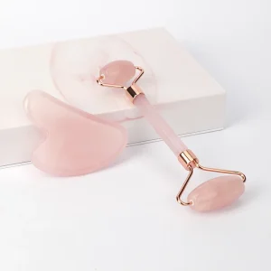 Natural Rose Quartz Pink Jade Roller & Gua Sha Kit for Face and Body Lifting and Glowing Skin