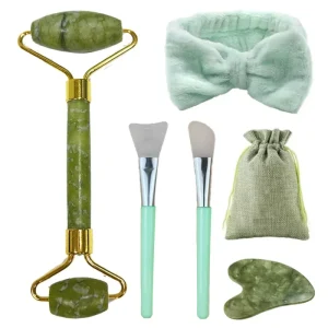 Natural Stone Head Neck Spa Massager Jade Facial Massage Roller and Guasha Set Green Jade Roller