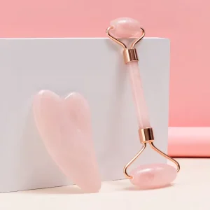 Natural Stone Rose Quartz Jade Roller Face Full Body Manual Gua Sha Massage Tool Set
