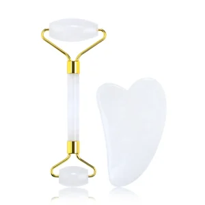 Natural White Crystal Jade Face Roller and Gua Sha Set Custom Skin Care Jade Stone Guasha Roller Massager