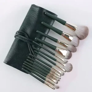 New 14 Piece Professional Makeup Brush Set with Synthetic Hair & Wood Handle Olive Green for Face and Eyebrow Pencil Use