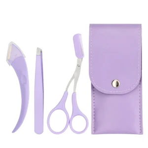 New Arrival 3pcs Makeup Purple Tweezers Extension Scissor Razor Eyebrow Grooming Kit for Eyebrow Trimmer