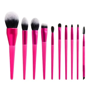 New Customizable Professional 10 Piece Set Hot Pink Synthetic Hair Makeup Brushes for Face Foundation Blush Beauty Tool