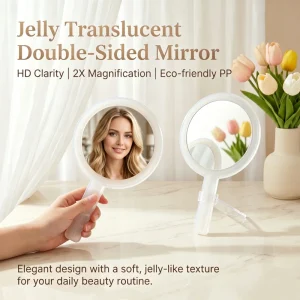 New Model High Class Round Double Sided Magnifying Handheld Makeup Mirror with Transparent Handle