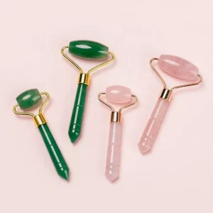 New Natural Rose Quartz and Green Jade Massage Roller with Single Big Roller for Face and Eye