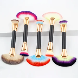 New Product Single Makeup Brush Wood Handle Double Headed Fan Shaped + Flat Headed Cross Border Drop Shipping