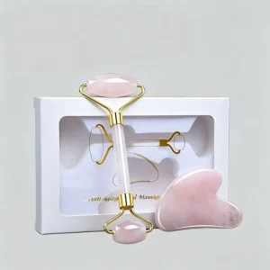 OEM Custom Logo Rose Quartz Jade Roller Gua Sha Set Natural Crystal Face Facial Massage Roller Factory