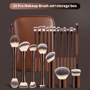 OEM ODM 20pcs Brown Gold Makeup Brush Set with Travel Case Custom Logo Private Label Synthetic Brushes for Foundation Eyeshadow