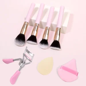 OEM ODM Soft Pink Nylon Makeup Brush Set with Eyelash Curler Beauty Sponge and Flocking Puff 7PCS Ladies Face Makeup Tools