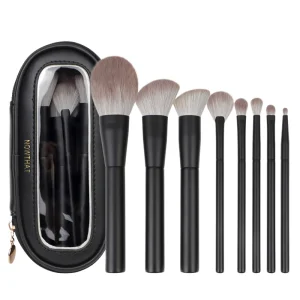OEM ODM Synthetic Hair Wood Handle Flat Brush Concealer Vegan 8pcs Black Professional Makeup Brush Set for Face