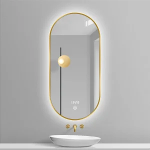 Oval LED Backlit Bathroom Mirror Gold Frame Digital Clock Touch Control for Hotel Vanity Powder Room Home Decor