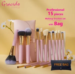 Pink 15 Piece Vegan Makeup Brush Set Synthetic Hair Face and Eye Brush Kit with Bag
