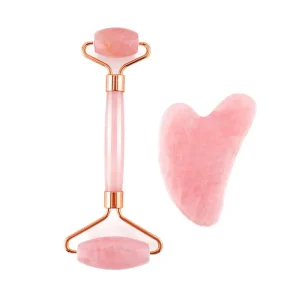 Pink Crystal Roller Massager Double-head Jade Roller Heart-shaped Gua Sha Jade Massager Gift Set