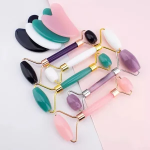 Pink Rose Quartz Stone Crystal Jade Facial Beauty Face Massage Roller Gua Sha Set