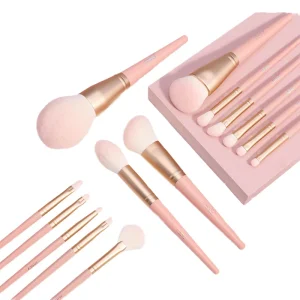 Pink Wooden Handle Makeup Brush Set for Daily Makeup Travel 11PCS with Bag