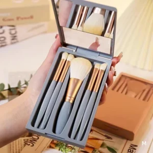 Portable 5 Piece Makeup Brush Set with Travel Kit Includes Powder Blush Eyeshadow Brushes and Window Mirror Case for Face Use