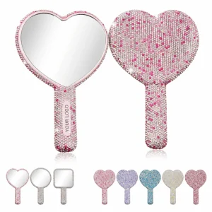 Portable Beauty Cosmetic Makeup Single Side Diamond Heart shaped Mini Pocket Hand Held Mirror