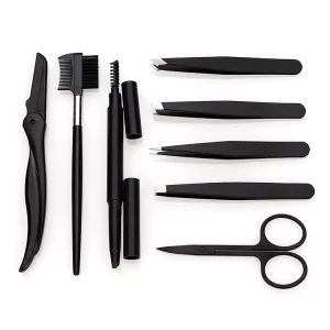 Portable Black Makeup Eyebrow Tool Kit Plastic Eyebrow Brush Razor Eyelash Tweezers Scissors Trimmers Set 14.8×8