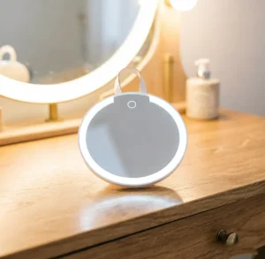 Portable LED Lighted Pocket Makeup Mirror Double 1x Chrome Finish Rechargeable Flip Fold Design Travel Mini Cosmetic Box