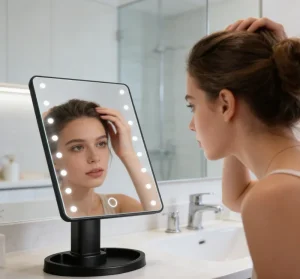 Portable LED Makeup Mirror with Touch Screen 16 Lights Folding Cosmetic Mirror Dimmable and Rechargeable
