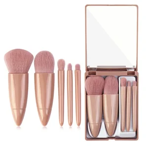 Portable Makeup Brush Set with Mirror Travel Set 5pcs Soft Hair Loose Powder Brush Fiber Hair Beauty Tool